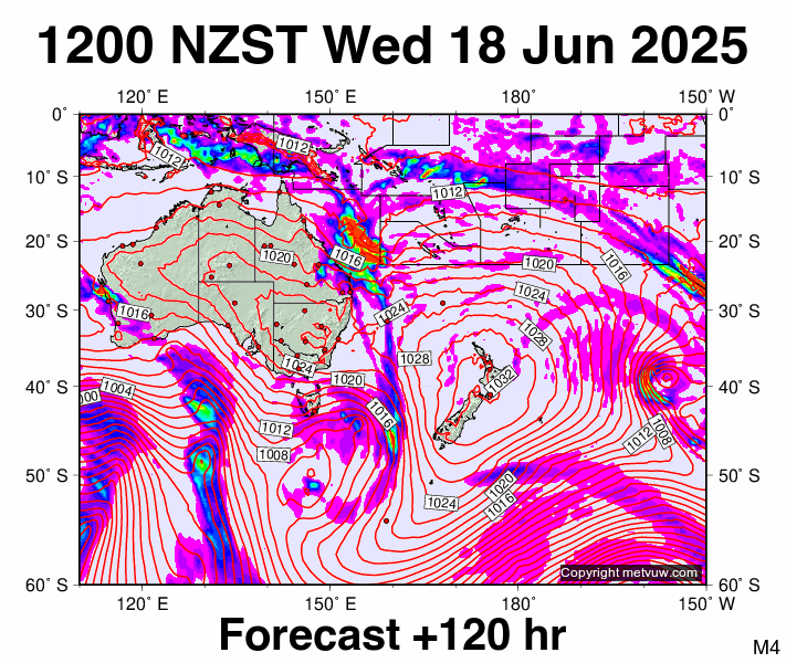 South West Pacific forecast chart for Wednesday, June 18th, 2025 at 12:00 AM