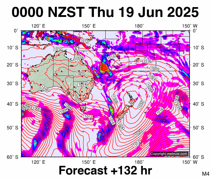 South West Pacific forecast chart for Wednesday, June 18th, 2025 at 12:00 PM