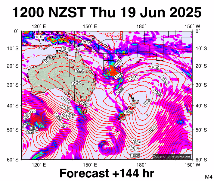 South West Pacific forecast chart for Thursday, June 19th, 2025 at 12:00 AM
