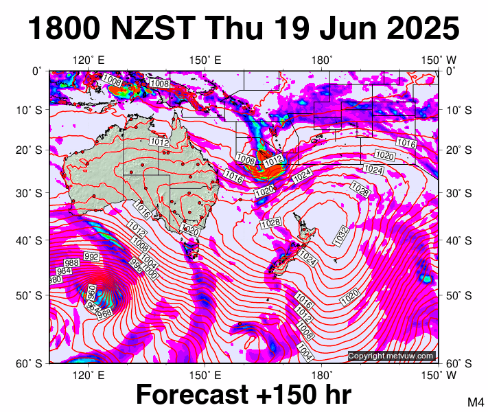 South West Pacific forecast chart for Thursday, June 19th, 2025 at 6:00 AM
