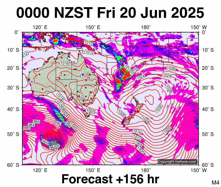 South West Pacific forecast chart for Thursday, June 19th, 2025 at 12:00 PM