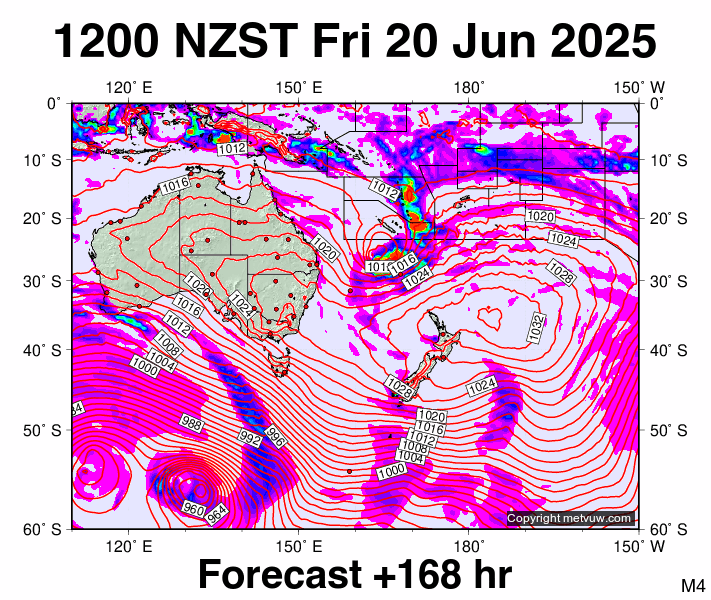 South West Pacific forecast chart for Friday, June 20th, 2025 at 12:00 AM