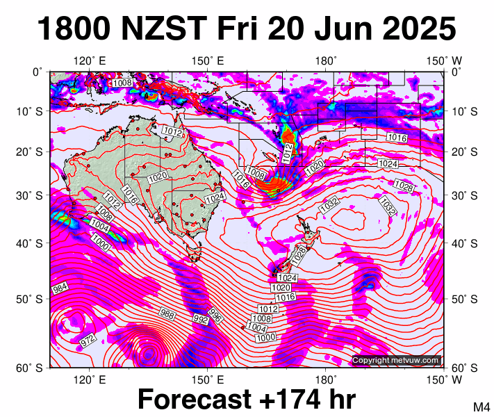 South West Pacific forecast chart for Friday, June 20th, 2025 at 6:00 AM