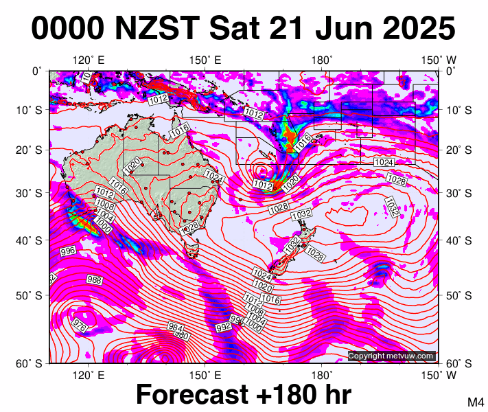 South West Pacific forecast chart for Friday, June 20th, 2025 at 12:00 PM