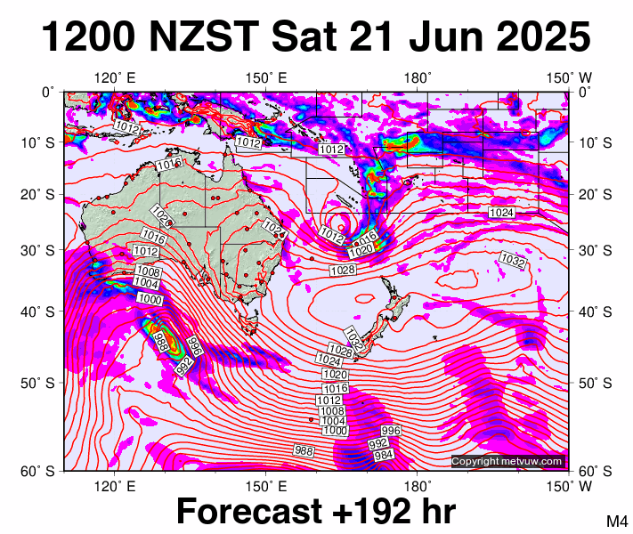 South West Pacific forecast chart for Saturday, June 21st, 2025 at 12:00 AM