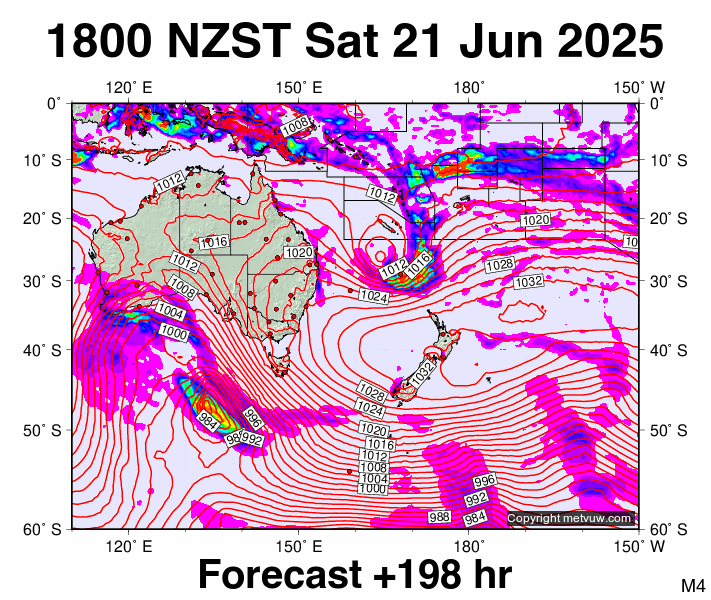 South West Pacific forecast chart for Saturday, June 21st, 2025 at 6:00 AM