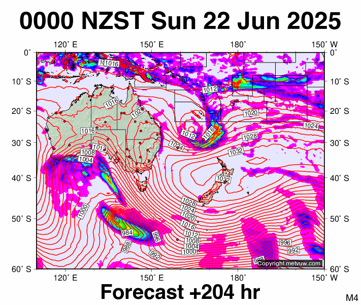 South West Pacific forecast chart for Saturday, June 21st, 2025 at 12:00 PM