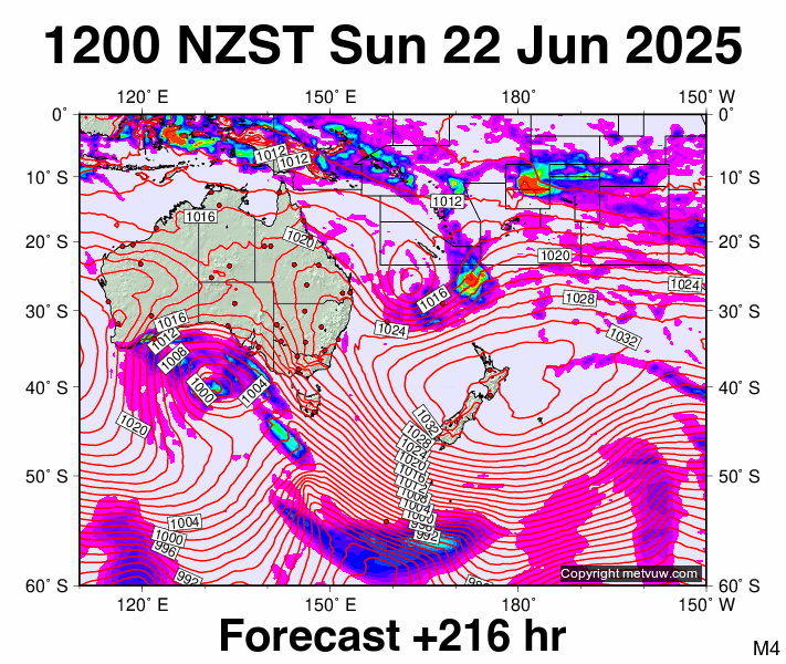 South West Pacific forecast chart for Sunday, June 22nd, 2025 at 12:00 AM