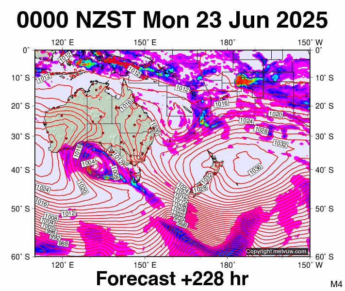 South West Pacific forecast chart for Sunday, June 22nd, 2025 at 12:00 PM