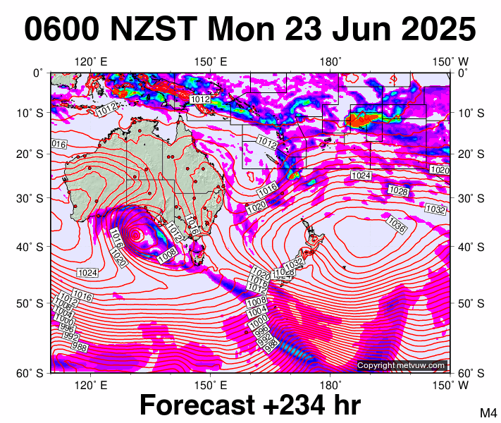 South West Pacific forecast chart for Sunday, June 22nd, 2025 at 6:00 PM