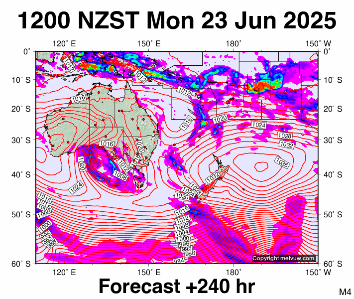 South West Pacific forecast chart for Monday, June 23rd, 2025 at 12:00 AM