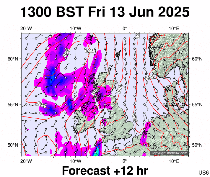 United Kingdom forecast chart for Friday, June 13th, 2025 at 12:00 PM