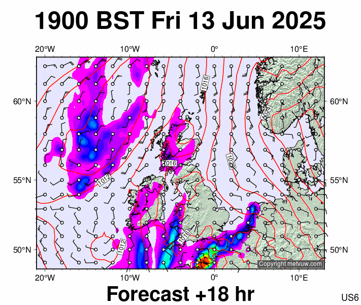 United Kingdom forecast chart for Friday, June 13th, 2025 at 6:00 PM