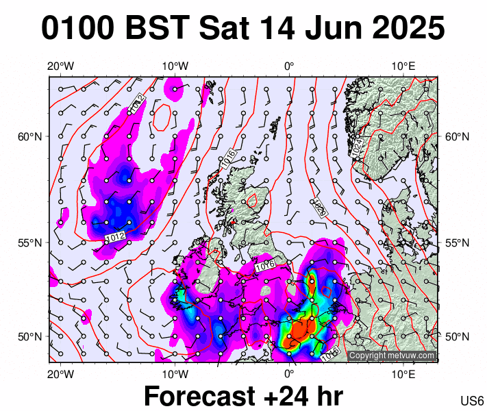 United Kingdom forecast chart for Saturday, June 14th, 2025 at 12:00 AM
