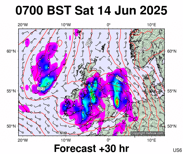 United Kingdom forecast chart for Saturday, June 14th, 2025 at 6:00 AM