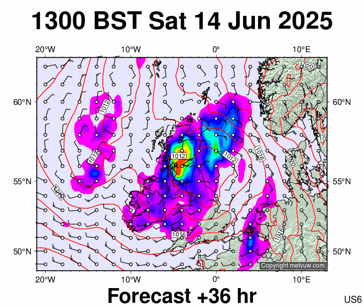 United Kingdom forecast chart for Saturday, June 14th, 2025 at 12:00 PM