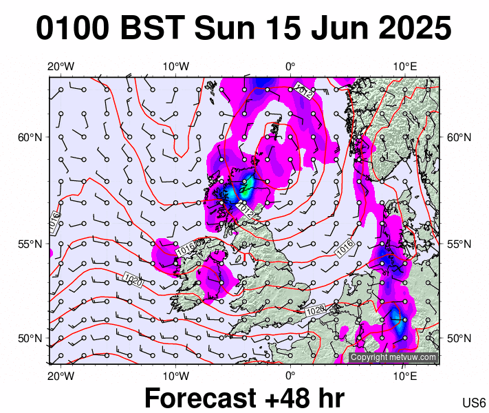 United Kingdom forecast chart for Sunday, June 15th, 2025 at 12:00 AM