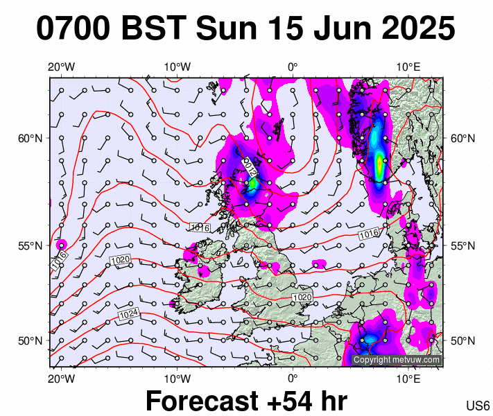 United Kingdom forecast chart for Sunday, June 15th, 2025 at 6:00 AM