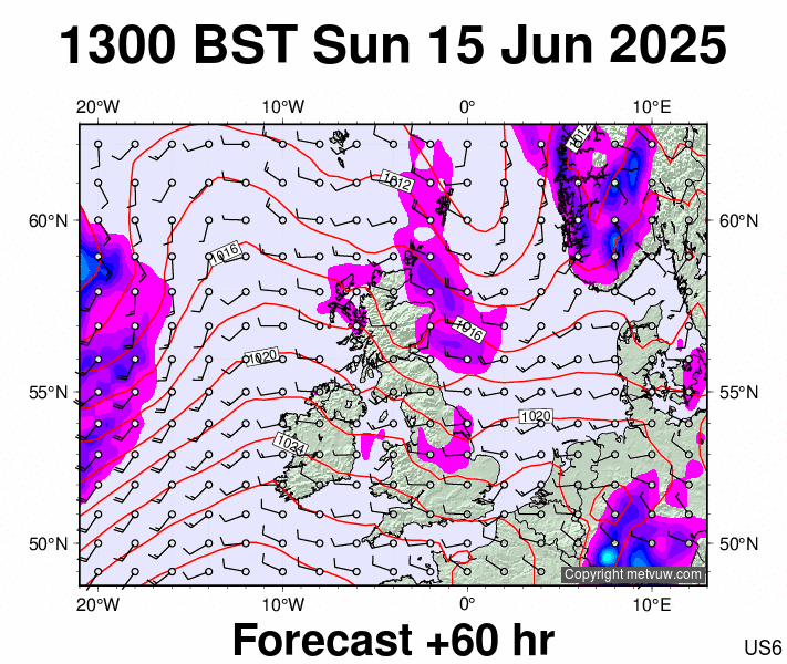 United Kingdom forecast chart for Sunday, June 15th, 2025 at 12:00 PM