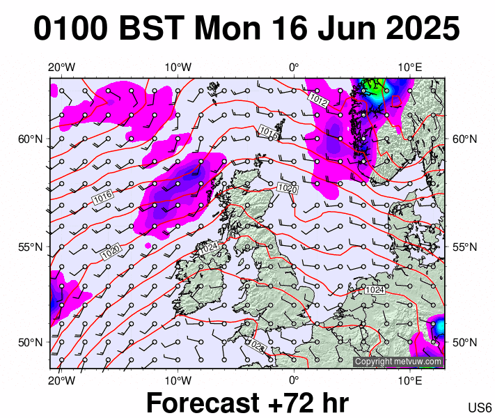 United Kingdom forecast chart for Monday, June 16th, 2025 at 12:00 AM