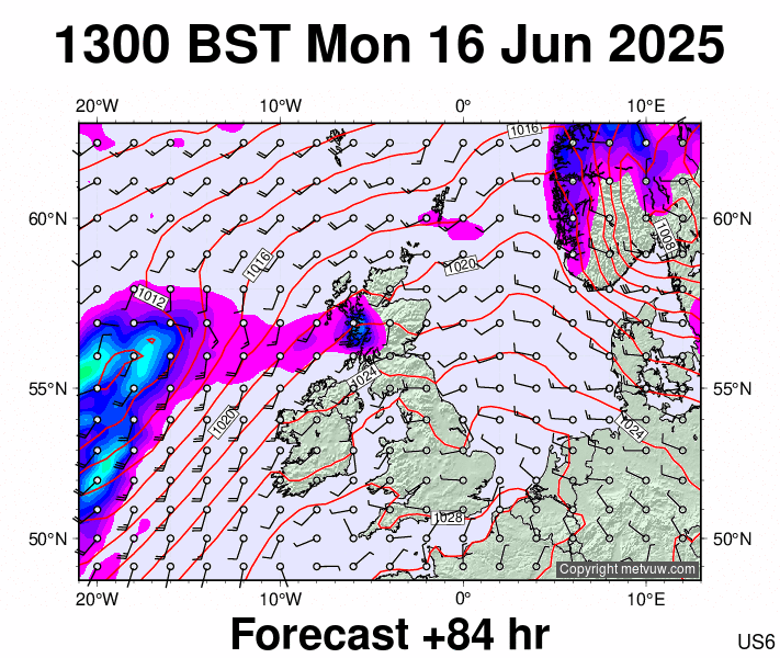 United Kingdom forecast chart for Monday, June 16th, 2025 at 12:00 PM