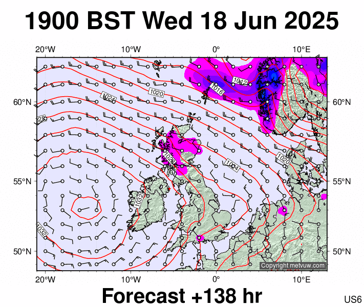 United Kingdom forecast chart for Wednesday, June 18th, 2025 at 6:00 PM
