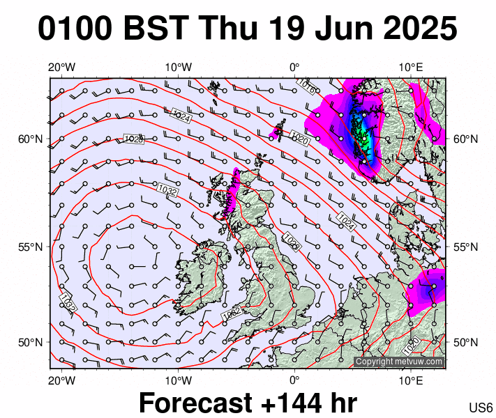 United Kingdom forecast chart for Thursday, June 19th, 2025 at 12:00 AM