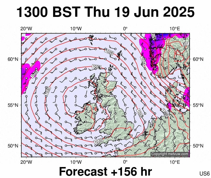 United Kingdom forecast chart for Thursday, June 19th, 2025 at 12:00 PM