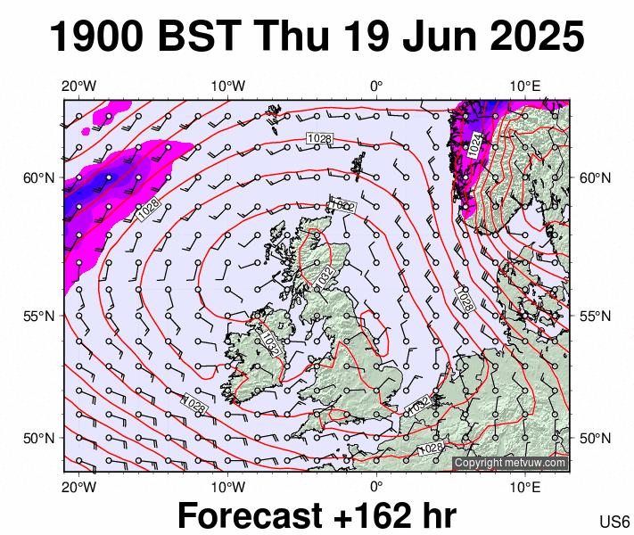 United Kingdom forecast chart for Thursday, June 19th, 2025 at 6:00 PM