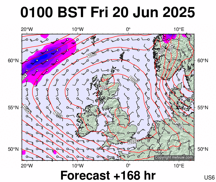 United Kingdom forecast chart for Friday, June 20th, 2025 at 12:00 AM