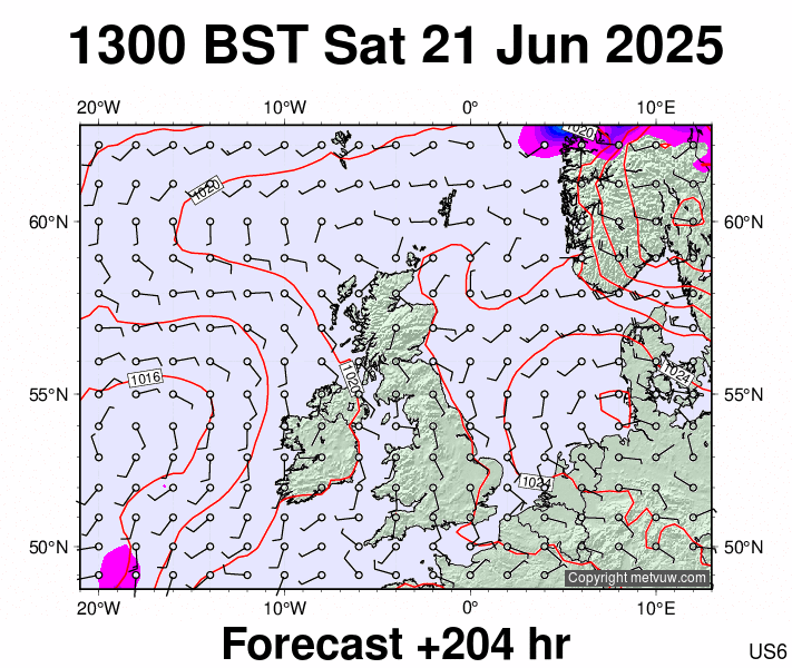 United Kingdom forecast chart for Saturday, June 21st, 2025 at 12:00 PM