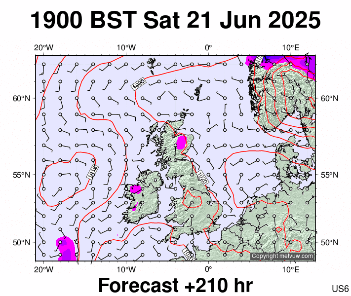 United Kingdom forecast chart for Saturday, June 21st, 2025 at 6:00 PM