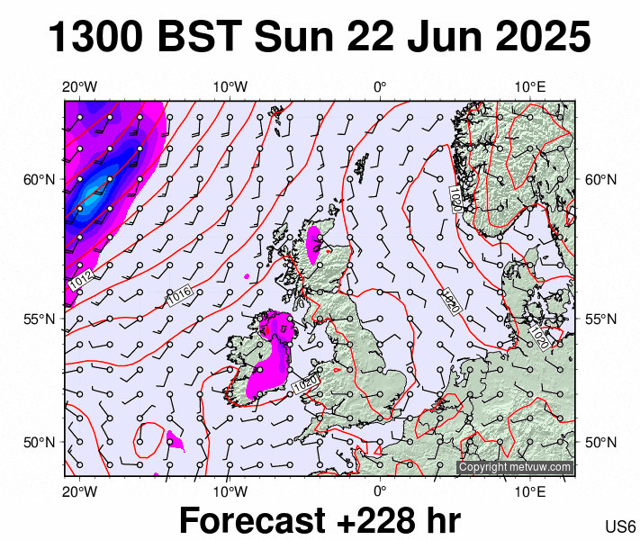 United Kingdom forecast chart for Sunday, June 22nd, 2025 at 12:00 PM