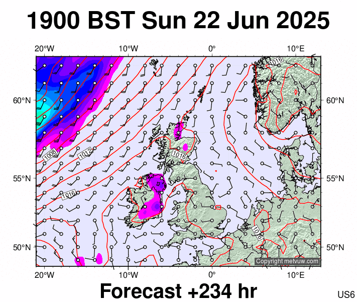United Kingdom forecast chart for Sunday, June 22nd, 2025 at 6:00 PM
