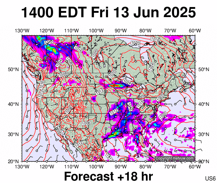 USA forecast chart for Friday, June 13th, 2025 at 6:00 PM