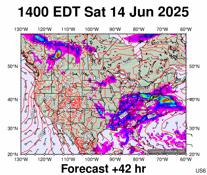 USA forecast chart for Saturday, June 14th, 2025 at 6:00 PM