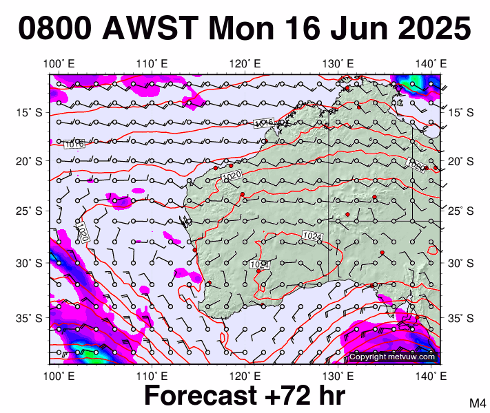 Western Australia forecast chart for Monday, June 16th, 2025 at 12:00 AM