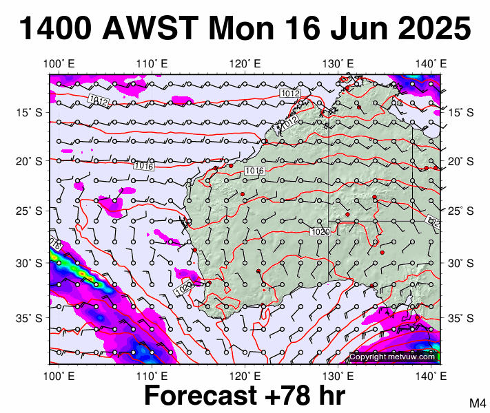 Western Australia forecast chart for Monday, June 16th, 2025 at 6:00 AM