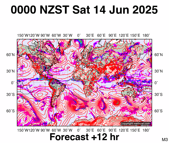 World forecast chart for Friday, June 13th, 2025 at 12:00 PM