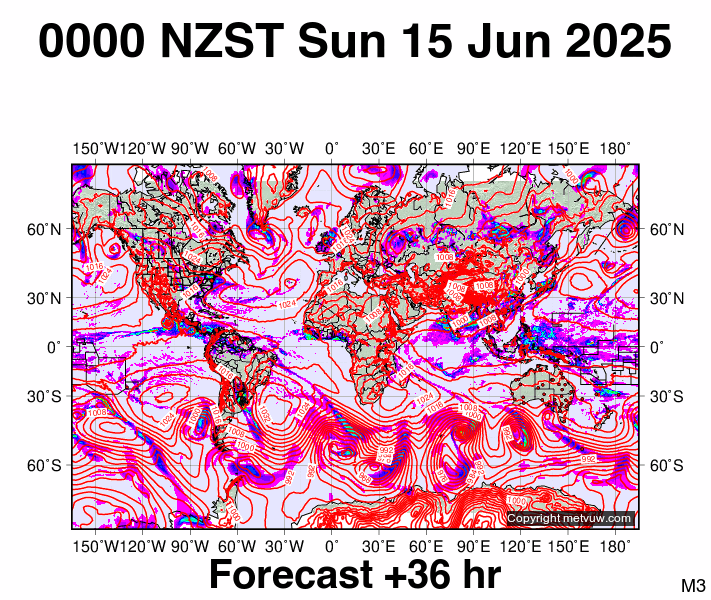 World forecast chart for Saturday, June 14th, 2025 at 12:00 PM