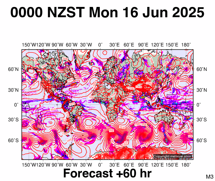 World forecast chart for Sunday, June 15th, 2025 at 12:00 PM