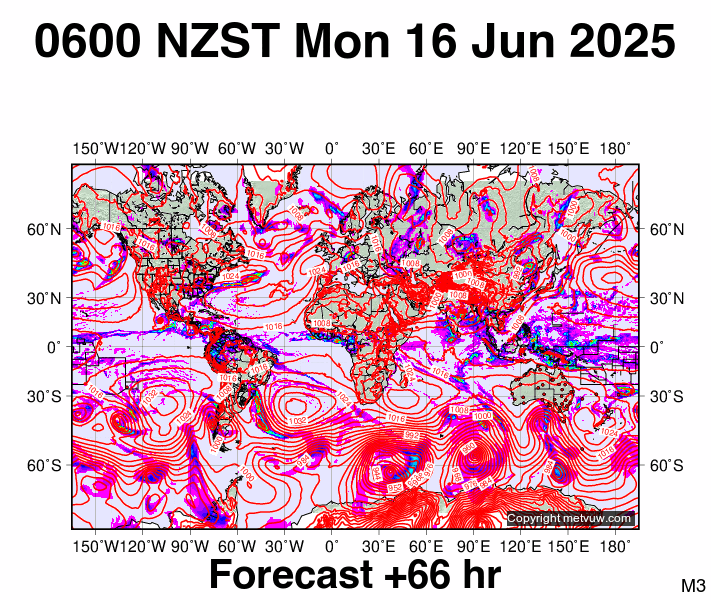 World forecast chart for Sunday, June 15th, 2025 at 6:00 PM