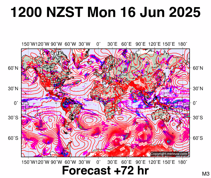 World forecast chart for Monday, June 16th, 2025 at 12:00 AM