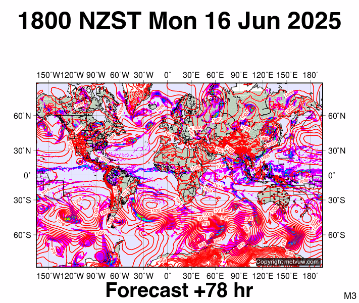 World forecast chart for Monday, June 16th, 2025 at 6:00 AM