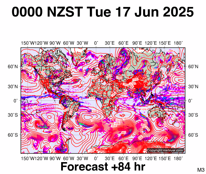 World forecast chart for Monday, June 16th, 2025 at 12:00 PM