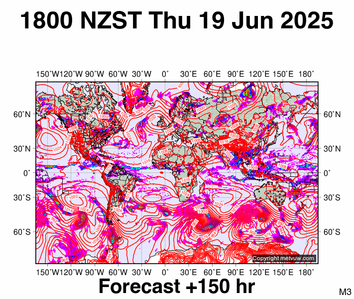 World forecast chart for Thursday, June 19th, 2025 at 6:00 AM