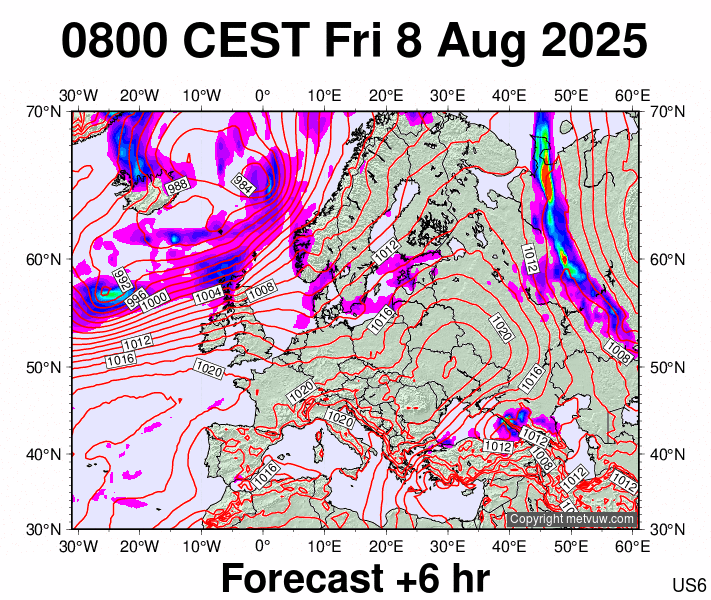 Europe forecast chart for Friday, August 8th, 2025 at 6:00 AM
