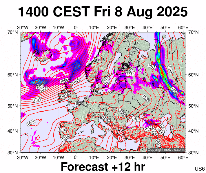Europe forecast chart for Friday, August 8th, 2025 at 12:00 PM