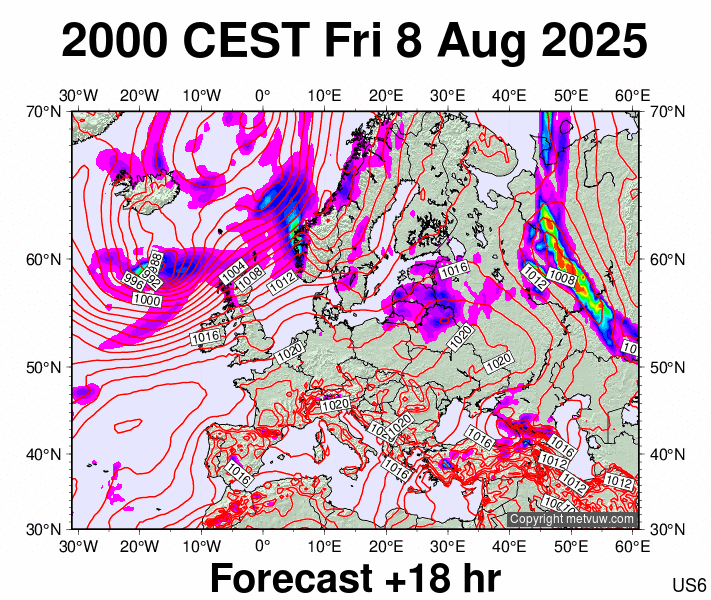 Europe forecast chart for Friday, August 8th, 2025 at 6:00 PM