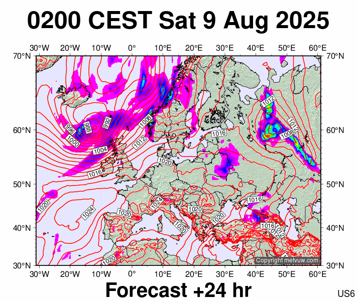 Europe forecast chart for Saturday, August 9th, 2025 at 12:00 AM